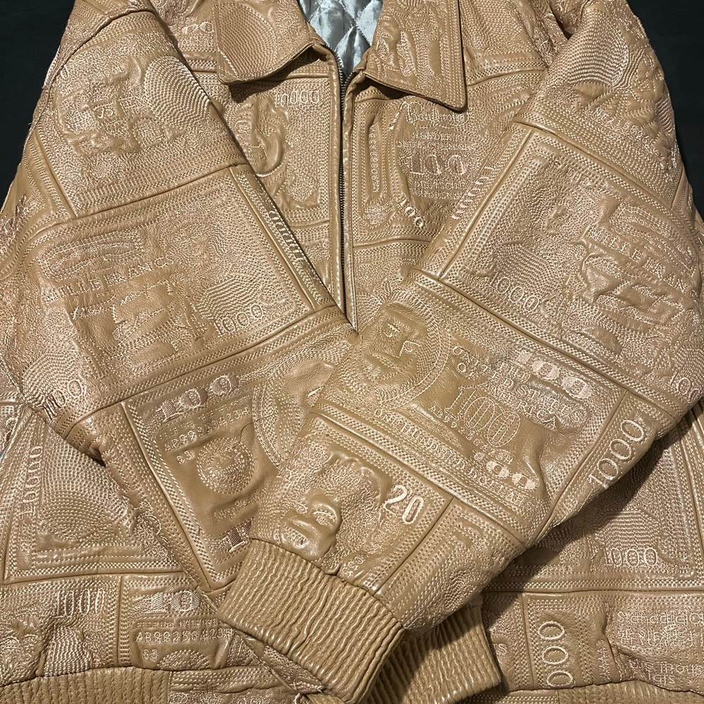 Vintage org. 90s Pelle Moda tan leather currency jacket money dollars.